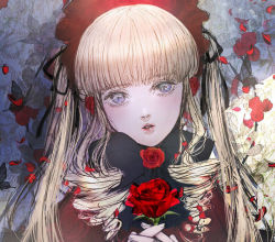 Rule 34 | 1girl, blonde hair, bonnet, bug, butterfly, dress, drill hair, eyelashes, flower, holding, holding flower, insect, lips, lolita fashion, looking at viewer, nose, open mouth, petals, red dress, rose, rozen maiden, satsuki kei, shinku, solo, twintails