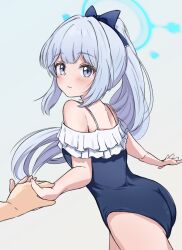 Rule 34 | 1girl, 1other, 4jiri, ass, bare arms, bare legs, bare shoulders, black one-piece swimsuit, blue archive, blue halo, blush, breasts, casual one-piece swimsuit, closed mouth, cowboy shot, frilled one-piece swimsuit, frills, grey background, grey hair, halo, long hair, looking at viewer, miyako (blue archive), miyako (swimsuit) (blue archive), off-shoulder one-piece swimsuit, off shoulder, one-piece swimsuit, ponytail, purple hair, simple background, small breasts, solo focus, swimsuit