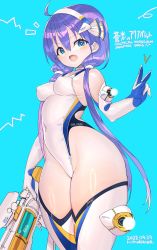 Rule 34 | 1girl, blue background, blue eyes, blue hair, breasts, covered erect nipples, covered navel, elbow gloves, gloves, hair behind ear, hairband, highres, holding, holding water gun, leotard, long hair, low twintails, medium breasts, original, rondo bell, solo, twintails, v, water gun, white gloves, white hairband, white leotard