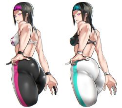 Rule 34 | 2girls, alternate color, aqua hair, ass, back, bare shoulders, black hair, breasts, chinese clothes, collage, cropped legs, dual persona, dudou, eye (mememem), hair down, halterneck, halterneck, han juri, hand on own ass, huge ass, looking back, medium breasts, medium hair, multicolored hair, multiple girls, pants, pink hair, player 2, purple eyes, skin tight, sleeveless, solo focus, streaked hair, street fighter, street fighter v, striped, thick thighs, thighs, two-tone hair, vertical stripes, wide hips, yoga pants
