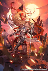 Rule 34 | 1girl, absurdres, armor, armored dress, black pantyhose, blonde hair, blue eyes, breasts, cape, castle, cleavage, cloud, dress, gauntlets, gloves, hanusu, highres, holding, holding sword, holding weapon, kneeling, large breasts, long hair, medium breasts, monica (romancing saga 3), official art, outdoors, pantyhose, romancing saga 3, saga, single glove, skirt, solo, square enix, sword, thighhighs, thighhighs over pantyhose, torn clothes, weapon