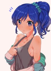 Rule 34 | 10s, 1girl, aikatsu!, aikatsu! (series), blue eyes, blue hair, blush, clearite, clothes pull, kiriya aoi, long hair, looking at viewer, matching hair/eyes, off shoulder, open clothes, open mouth, open shirt, shirt, shirt pull, side ponytail, simple background, solo, steam, sweat, tank top, upper body