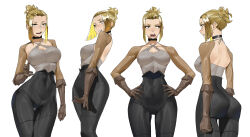 Rule 34 | 1girl, ass, black choker, black pants, blonde hair, blush, breasts, brown gloves, choker, cowboy shot, detached sleeves, elbow gloves, gloves, grey shirt, hair bun, high-waist pants, highres, large breasts, leather, leather gloves, long hair, looking to the side, multiple views, open mouth, original, pants, shirt, sidelocks, simple background, standing, tbocart, white background, yellow eyes
