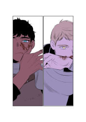 Rule 34 | 2boys, armor, black hair, blonde hair, blood, blood on face, blood on hands, blue eyes, commentary, daki info, dark-skinned male, dark skin, dungeon meshi, hand up, kabru, laios touden, licking lips, looking at viewer, male focus, multiple boys, short hair, split theme, symbol-only commentary, tongue, tongue out, upper body, very short hair, white background, wiping face, yellow eyes