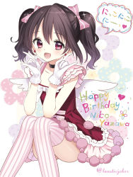 Rule 34 | 10s, 1girl, black hair, blush, bow, character name, cursive, dress, elbows on knees, gloves, hair bow, happy birthday, idol, love live!, love live! school idol festival, love live! school idol project, nico nico nii, over-kneehighs, pink bow, pink thighhighs, red dress, red eyes, smile, solo, speech bubble, striped bow, striped clothes, striped thighhighs, thighhighs, tsukigami runa, twintails, twitter username, vertical-striped clothes, vertical-striped thighhighs, wavy hair, white gloves, white thighhighs, yazawa nico