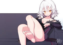 Rule 34 | 1girl, bare shoulders, barefoot, beni shake, black dress, blush, collarbone, commentary request, couch, dress, fate/grand order, fate (series), fur-trimmed jacket, fur-trimmed sleeves, fur trim, hair between eyes, jacket, jeanne d&#039;arc (fate), jeanne d&#039;arc alter (fate), jeanne d&#039;arc alter (ver. shinjuku 1999) (fate), knees up, looking at viewer, official alternate costume, on couch, open clothes, open jacket, orange eyes, parted lips, purple jacket, signature, sitting, sleeveless, sleeveless dress, soles, solo, white background, white hair, wicked dragon witch ver. shinjuku 1999