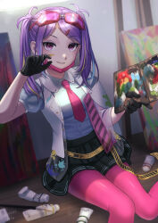 Rule 34 | 1girl, absurdres, belt, blonde hair, blue hair, blush, canvas (object), collared shirt, gloves, goggles, goggles on head, grin, hair ornament, hairclip, hand up, heaven burns red, highres, holding, holding palette, ishii iroha, jacket, long hair, looking at viewer, mask, mask pull, mouth mask, multicolored hair, necktie, nil (pixiv 53614557), off shoulder, paint splatter, paint splatter on face, paint tube, palette (object), pantyhose, pink pantyhose, pleated skirt, purple eyes, purple hair, see-through, shirt, shirt tucked in, short sleeves, sitting, skirt, smile, solo, streaked hair, wiping face