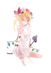 Rule 34 | 1girl, alternate costume, blonde hair, bow, breasts, closed mouth, covering face, cropped legs, crystal, detached sleeves, dress, fang, flandre scarlet, from side, hat, hat bow, holding, holding weapon, invisible chair, laevatein, looking at viewer, medium breasts, medium hair, mob cap, pink hat, red bow, red eyes, short dress, simple background, sitting, smile, smirk, solo, strapless, strapless dress, tetsurou (fe+), touhou, veil, weapon, white background, white dress, white sleeves, wings