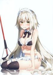 Rule 34 | 1girl, absurdres, apron, arm support, artoria pendragon (alter swimsuit rider) (second ascension) (fate), bare shoulders, bikini, bikini top only, black bow, black thighhighs, blush, bow, bowtie, breasts, bridal garter, fate/grand order, fate (series), frills, highres, jeanne d&#039;arc (fate), jeanne d&#039;arc alter (avenger) (fate), jeanne d&#039;arc alter (fate), long hair, looking at viewer, maid, maid bikini, maid headdress, masuishi kinoto, medium breasts, parted lips, reflection, scan, shiny skin, silver hair, simple background, sitting, solo, swimsuit, thigh strap, thighhighs, unconventional maid, very long hair, waist apron, water drop, wet, white background, yellow eyes