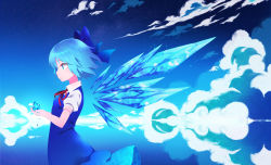 Rule 34 | 1girl, blue bow, blue dress, blue eyes, blue hair, blue sky, blue theme, bow, cirno, cloud, collared shirt, commentary request, dress, dusk, floating hair, from side, hair bow, highres, holding, ice, ice wings, looking away, looking down, melting, neck ribbon, ocean, outdoors, parted lips, profile, puffy short sleeves, puffy sleeves, red ribbon, reflection, ribbon, shirt, short hair, short sleeves, sky, solo, standing, star (sky), starry sky, touhou, water drop, white shirt, wings, yuujin (mhhnp306), yuujin (yuzinn333)