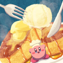 Rule 34 | blue eyes, blush stickers, butter, chef hat, food, food focus, fork, hat, highres, kirby, kirby (series), knife, maple syrup, miclot, nintendo, no humans, open mouth, pancake, plate, smile, souffle pancake, steam, sweets