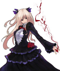 Rule 34 | 1girl, between fingers, black dress, blonde hair, blood, bow, bowtie, cowboy shot, dress, holding, kuro black, long hair, long sleeves, looking at viewer, magic, original, red bow, red bowtie, red eyes, simple background, sword, twintails, weapon, white background