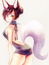 Rule 34 | 1girl, ahri (league of legends), alternate hairstyle, animal ears, ass, back, backless dress, backless outfit, bare shoulders, black hair, breasts, dress, facial mark, fox ears, fox tail, halterneck, large breasts, league of legends, long hair, looking at viewer, looking to the side, meme attire, mizoreame, sideboob, solo, sweater, sweater dress, tail, virgin killer sweater, whisker markings, yellow eyes