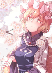 Rule 34 | 1girl, absurdres, blonde hair, blush, breasts, cherry blossoms, fox tail, from above, gokuu (acoloredpencil), hat, highres, light blush, light smile, looking at viewer, medium breasts, multiple tails, petals, short hair, slit pupils, smile, solo, tail, touhou, white background, yakumo ran, yellow eyes