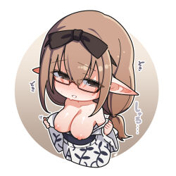 Rule 34 | 1girl, blue archive, blush, breasts, brown eyes, brown hair, chinatsu (blue archive), chinatsu (hot spring) (blue archive), cleavage, collarbone, glasses, hair between eyes, highres, japanese clothes, kimono, large breasts, long hair, nipples, official alternate costume, open mouth, pointy ears, red-framed eyewear, solo, warashi, white kimono