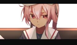 Rule 34 | 1girl, absurdres, blush, commentary request, hair between eyes, hair ribbon, harusame (kancolle), hat, hato kan, highres, kantai collection, letterboxed, looking at viewer, parted lips, pink hair, ponytail, portrait, red eyes, ribbon, sailor collar, school uniform, serafuku, solo, white hat
