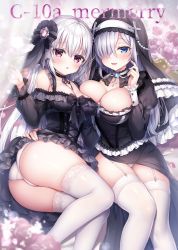 Rule 34 | 2girls, ass, bare shoulders, breasts, character request, cleavage, clothes lift, comiket 99, copyright request, dress, frilled dress, frilled skirt, frills, gothic lolita, large breasts, legs, lolita fashion, long hair, mitsuba choco, multiple girls, nun, panties, puffy sleeves, silver hair, skirt, skirt lift, straight hair, thighhighs, thighs, underwear