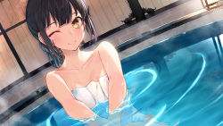 Rule 34 | 1girl, ;), artist request, artwhirl mahou gakuen no otome-tachi, bare shoulders, bathing, black hair, breasts, cleavage, closed mouth, collarbone, dutch angle, game cg, indoors, len (artwhirl), long hair, looking at viewer, naked towel, one eye closed, onsen, partially submerged, ponytail, small breasts, smile, solo, towel, water, wet, wet hair, yellow eyes, zinno