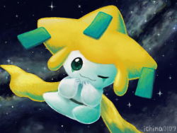 Rule 34 | artist name, closed mouth, commentary request, creatures (company), game freak, gen 3 pokemon, green eyes, hands up, ichina0107, jirachi, legendary pokemon, looking at viewer, mythical pokemon, nintendo, no humans, one eye closed, pokemon, pokemon (creature), smile, solo, space, star (sky)