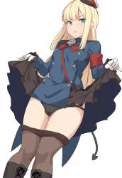 Rule 34 | 1girl, armband, black footwear, black panties, black pantyhose, blonde hair, blue jacket, blush, boots, breasts, buttons, cameltoe, clothes lift, clothes pull, commentary request, demon tail, double-breasted, fate/grand order, fate (series), feet out of frame, flower, flower neckwear, frilled sleeves, frills, from below, gloves, green eyes, grey background, grey flower, hat, jacket, knee boots, lifting own clothes, long hair, long sleeves, looking at viewer, lord el-melloi ii case files, multicolored clothes, multicolored hat, panties, pantyhose, pantyhose pull, red hat, red neckwear, red ribbon, reines el-melloi archisorte, ribbon, shiseki hirame, simple background, skirt, skirt lift, small breasts, solo, sweatdrop, tail, tongue, tongue out, underwear, white gloves, white hat