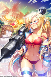Rule 34 | 2girls, ^^^, bikini, blonde hair, blue eyes, breasts, cat shi, cleavage, crater, front-tie top, glasses, gun, jacket, large breasts, long hair, mountain, multiple girls, navel, off shoulder, quartermaster knight, red-framed eyewear, red bikini, rocket launcher, shiny skin, side-tie bikini bottom, skindentation, strap gap, striped clothes, striped thighhighs, swimsuit, sword girls, thighhighs, weapon