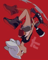 Rule 34 | 1girl, black footwear, black shorts, blunt bangs, closed mouth, commentary, dark-skinned female, dark skin, dolphin shorts, dual wielding, floating, from side, grey hair, high tops, holding, holding weapon, imaikuy0, inkling, inkling girl, inkling player character, logo, looking at viewer, nintendo, pointy ears, red background, red eyes, shoes, short hair, short shorts, shorts, simple background, sneakers, solo, splat dualies (splatoon), splatoon (series), splatoon 2, symbol-only commentary, tentacle hair, upside-down, weapon