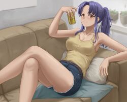 Rule 34 | 1girl, absurdres, bare arms, beer can, blue hair, breasts, can, cleavage, closed mouth, commentary, crossed legs, cutoffs, dark blue hair, denim, denim shorts, drink can, feet out of frame, highres, indoors, katsuragi misato, legs, looking at viewer, lying, medium breasts, neon genesis evangelion, on back, orange eyes, pillow, ponytail, short shorts, shorts, sidelocks, smile, solo, tank top, thighs, yebisu, yj (yojo san)