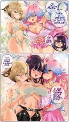 Rule 34 | 3girls, :q, absurdres, akuma nihmune, animal ears, arms behind back, bare shoulders, belt, black belt, black hair, blue eyes, blue hair, blush, breasts, brown hair, comic, commentary, cottontail (vtuber), covered erect nipples, cowboy shot, demon horns, english text, glint, grabbing, grabbing another&#039;s breast, gradient hair, grs-, hair between eyes, hair ornament, hairclip, hand up, heterochromia, highres, horns, indie virtual youtuber, large breasts, licking lips, long hair, looking at viewer, meme, multicolored hair, multiple girls, navel, open mouth, parted lips, pink eyes, pink hair, pink skirt, pleated skirt, purple eyes, purple nails, rabbit ears, revealing clothes, sanagi yuzu, say gex (meme), short hair, skirt, smile, speech bubble, tongue, tongue out, virtual youtuber, waving, yellow eyes, yuri, zipper