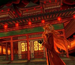 Rule 34 | 1girl, architecture, black gloves, bow, closed mouth, coat, column, cowboy shot, door, east asian architecture, gloves, gold trim, hair bow, highres, ishmael (project moon), lantern, limbus company, long hair, long sleeves, looking at viewer, na-gyou (nunumaru), orange hair, paper lantern, pillar, pixel art, project moon, red coat, smile, solo, tassel, very long hair, white bow, window