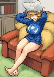 Rule 34 | 1girl, :d, animal ears, animal hat, bare legs, barefoot, blonde hair, blue sweater, bookshelf, breasts, chanta (ayatakaoisii), couch, fox ears, fox tail, hands up, hat, highres, indoors, large breasts, long sleeves, looking at viewer, mob cap, multiple tails, open mouth, ribbed sweater, short hair, sitting, slit pupils, smile, solo, sweater, tail, touhou, tree, white hat, yakumo ran
