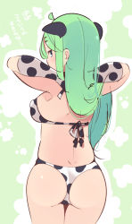 Rule 34 | 1girl, animal ears, animal print, ass, back, bikini, blue eyes, blush, breasts, cow ears, cow print, cowboy shot, elbow gloves, from behind, gloves, green hair, hands in hair, highres, kantai collection, long hair, looking back, medium breasts, solo, suzuki toto, swimsuit, translation request, white bikini, white gloves, yamakaze (kancolle)