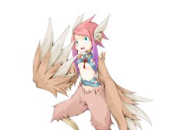 Rule 34 | 1girl, bird legs, blue choker, blush, breasts, brown feathers, brown wings, choker, constricted pupils, earrings, feather hair, feathered wings, feathers, frfr, game cg, gradient hair, green eyes, harpy, jewelry, looking at viewer, mon-musu quest!, monster girl, multicolored hair, navel, non-web source, open mouth, pink hair, purple hair, reina (mon-musu quest!), short hair with long locks, sidelocks, small breasts, solo, sweatdrop, transparent background, winged arms, wings