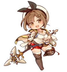 Rule 34 | 1girl, atelier (series), atelier ryza, atelier ryza 1, breasts, brown eyes, brown hair, chibi, full body, gloves, hair ornament, hat, highres, jewelry, long hair, looking at viewer, mota, navel, necklace, open mouth, red shorts, reisalin stout, short shorts, shorts, simple background, smile, solo, thighhighs, white background, white hat
