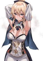 Rule 34 | 1girl, armpits, arms up, blonde hair, blue eyes, breasts, cape, cleavage, cowboy shot, cross, cross earrings, detached collar, detached sleeves, earrings, genshin impact, hair ribbon, highres, jean (genshin impact), jewelry, kumamiya, large breasts, long sleeves, looking at viewer, ponytail, ribbon, simple background, steaming body, sweat, white background, white legwear