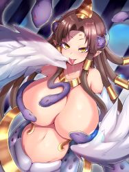 Rule 34 | 1girl, breasts, brown hair, collarbone, commentary request, covering privates, covering breasts, feathered wings, hair ornament, highres, jewelry, lamia, large breasts, long hair, looking at viewer, mon-musu quest!, mon-musu quest: paradox, monster girl, navel, necklace, nude, open mouth, parted bangs, pointy ears, raichi (ddq0246), saja (mon-musu quest!), saliva, smile, snake hair, solo, tongue, tongue out, winged arms, wings, yellow eyes