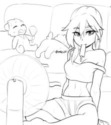 Rule 34 | 1girl, absurdres, animal, arm support, artist name, bare shoulders, breasts, cleavage, collarbone, commentary, couch, crop top, electric fan, food, greyscale, groin, hair between eyes, hand fan, highres, indian style, long hair, medium breasts, monochrome, mouth hold, navel, popsicle, rob ishi, short shorts, shorts, sitting, stomach, sweat