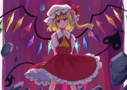 Rule 34 | 100th black market, 1girl, absurdres, arms behind back, ascot, blonde hair, closed mouth, collared shirt, crystal, feet out of frame, flandre scarlet, frilled skirt, frills, hat, hat ribbon, head tilt, highres, laevatein (touhou), light smile, looking at viewer, medium hair, mob cap, multicolored wings, puffy short sleeves, puffy sleeves, purple background, red eyes, red ribbon, red skirt, red vest, ribbon, ribbon-trimmed headwear, ribbon trim, shirt, short sleeves, side ponytail, simple background, skirt, skirt set, solo, touhou, uzumibi, vest, white hat, white shirt, wings, yellow ascot