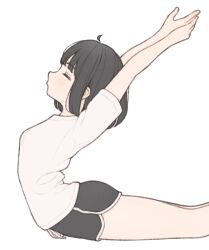 Rule 34 | 1girl, 1ssakawaguchi, arched back, arms up, black hair, black shorts, blush, bob cut, closed eyes, dolphin shorts, flexible, from side, highres, ichika (1ssakawaguchi), original, shirt, short hair, short shorts, short sleeves, shorts, simple background, solo, thighs, white background, white shirt
