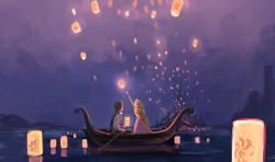 Rule 34 | 1boy, 1girl, blonde hair, boat, braid, brown hair, castle, commentary request, disney, dress, facing away, feet out of frame, floating, flower, flynn rider, from behind, glowing, hair flower, hair ornament, holding, holding oar, lantern, lantern on liquid, long hair, long sleeves, looking up, masso, night, night sky, oar, outdoors, outstretched arm, paper lantern, profile, purple dress, rapunzel (disney), reflection, shirt, short hair, sitting, sky, sky lantern, standing, tangled, very long hair, waistcoat, water, watercraft, white shirt