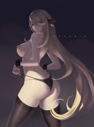 Rule 34 | 1girl, absurdres, arched back, artist name, ass, aztodio, back, black background, black panties, black thighhighs, blonde hair, blue eyes, breasts, closed mouth, cowboy shot, creatures (company), cynthia (pokemon), from side, game freak, gradient background, hair ornament, hair over one eye, highres, large breasts, long hair, looking at viewer, looking to the side, nintendo, nipples, panties, perky breasts, pokemon, pokemon dppt, smile, solo, thighhighs, topless, underwear, underwear only, very long hair, wrist cuffs