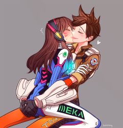 Rule 34 | 2girls, armor, ass grab, black gloves, blush, bodysuit, bomber jacket, breast press, breasts, brown gloves, brown hair, brown jacket, closed eyes, clothes writing, collarbone, cowboy shot, cross-laced clothes, cross-laced legwear, d.va (overwatch), ear piercing, facepaint, facial mark, french kiss, gloves, glowing, goggles, grabbing, grey background, groping, hand on another&#039;s arm, hands on ass, headphones, heart, hooreng, jacket, kiss, leather, leather jacket, long hair, long sleeves, military rank insignia, multiple girls, orange bodysuit, overwatch, overwatch 1, pauldrons, piercing, pilot suit, purple bodysuit, ribbed bodysuit, short hair, short sleeves, shoulder armor, shoulder pads, simple background, sitting, sitting on lap, sitting on person, sleeves rolled up, smile, spiked hair, spoken heart, sweatdrop, swept bangs, tongue, tongue out, tracer (overwatch), turtleneck, twitching, vambraces, whisker markings, white gloves, wing print, yuri