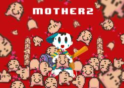 Rule 34 | 1boy, backpack, bag, baseball cap, brown bag, copyright name, doseisan, hat, kneeling, male focus, mother (game), mother 2, nervous sweating, ness (mother 2), nintendo, nonana (mikudrop), open mouth, pale skin, pixel art, red background, red footwear, shirt, short sleeves, shorts, socks, striped clothes, striped shirt, sweat, trash can