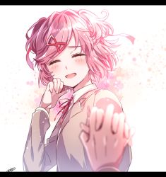 Rule 34 | 1girl, :d, aicedrop, blurry, blurry foreground, blush, closed eyes, commentary request, depth of field, doki doki literature club, facing viewer, grey jacket, hair ornament, hair ribbon, hairclip, hand up, happy, holding hands, interlocked fingers, jacket, letterboxed, long sleeves, natsuki (doki doki literature club), open mouth, pink hair, pov, pov hands, red ribbon, ribbon, school uniform, short hair, signature, simple background, smile, solo focus, swept bangs, two side up, upper body, white background