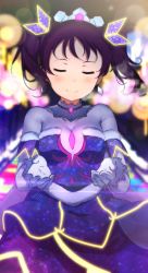 Rule 34 | 1girl, awaken the power, bad id, bad pixiv id, blue unitard, blurry, blush, bokeh, breasts, brooch, cleavage, closed eyes, depth of field, detached collar, detached sleeves, earrings, facing viewer, fur trim, gloves, hair ornament, highres, icehotmilktea, jewelry, kazuno leah, light blush, love live!, love live! sunshine!!, neon trim, outstretched arms, purple hair, see-through, see-through cleavage, short sleeves, skirt, small breasts, smile, solo, tiara, twintails, unitard, white gloves