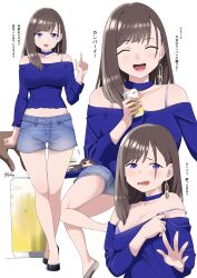 Rule 34 | 1boy, 1girl, :o, beer can, black footwear, blue shirt, bra, bra peek, bra strap, breasts, brown hair, can, choker, cleavage, clenched hand, closed eyes, collarbone, dark-skinned male, dark skin, drink can, drugged, earrings, full body, hair over shoulder, high heels, highres, holding, holding can, jewelry, kuro (toi et moi), large breasts, long hair, long sleeves, looking at viewer, lying, nail polish, off-shoulder shirt, off shoulder, on side, open mouth, original, pumps, purple eyes, shirt, shorts, simple background, smile, strap slip, underwear, white background