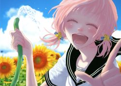 Rule 34 | 1girl, absurdres, alternate hairstyle, blush, cloud, cup, day, closed eyes, flower, happy, heart, highres, hose, just be friends (vocaloid), laughing, megurine luka, pink hair, pointing, school uniform, serafuku, short hair, sky, smile, solo, sunflower, twintails, vocaloid, water, yunomi, yunomi (yunomi imonuy)
