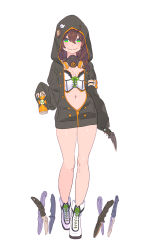 Rule 34 | 1girl, absurdres, ahoge, black jacket, blue nails, boots, breasts, brown hair, closed mouth, crop top, cross-laced footwear, ebi frion (matsuri channel), enkyo yuuichirou, eyebrows hidden by hair, full body, green eyes, hair between eyes, highres, holding, holding knife, hololive, hood, hood up, hooded jacket, jacket, knife, lace-up boots, long hair, long sleeves, nail polish, natsuiro matsuri, navel, pink eyes, planted, planted knife, planted weapon, respirator, simple background, skull, sleeves past wrists, small breasts, smile, solo, spray can, standing, striped, virtual youtuber, weapon, white background, white footwear