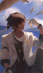Rule 34 | 1boy, arknights, backlighting, bird, black shirt, blue sky, brown hair, cloud, coat, commentary, cowboy shot, dove, gloves, grey pants, highres, holding, holding test tube, jewelry, knee up, looking to the side, male focus, mountainous horizon, necklace, pants, shirt, sky, sleeves rolled up, solo, test tube, thorns (arknights), undershirt, white coat, white gloves, white shirt, yellow eyes, yuyumu