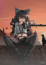 Rule 34 | 1girl, animal, belt, bird, black footwear, black hair, blake belladonna, boots, bow, breasts, building, cleavage, crow, dusk, hair bow, holding, jonathan h, long hair, looking at viewer, navel, on roof, pants, rooftop, rwby, signature, sitting, sitting on roof, sky, solo, star (sky), starry sky, sword, weapon, yellow eyes