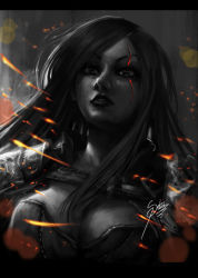 Rule 34 | 1girl, armor, breasts, cleavage, fire, katarina (league of legends), league of legends, lens flare, letterboxed, lips, long hair, looking at viewer, medium breasts, parted bangs, pauldrons, scar, scar across eye, scar on face, shoulder armor, signature, solo, upper body